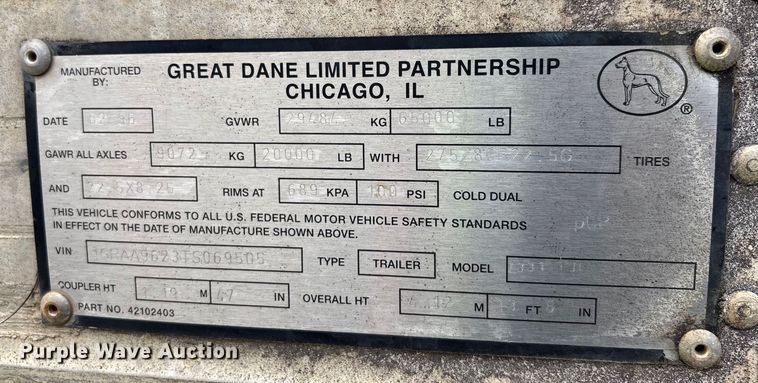 image for item YA0828 1996 Great Dane dry van trailer