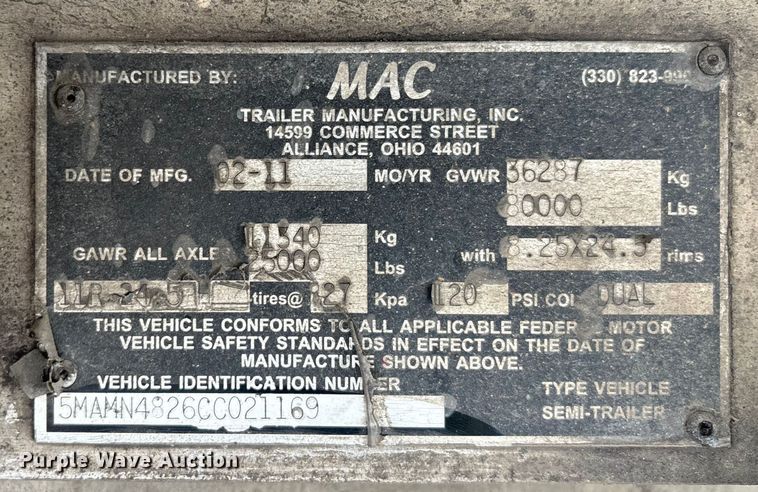 image for item YA0829 2012 Mac grain trailer