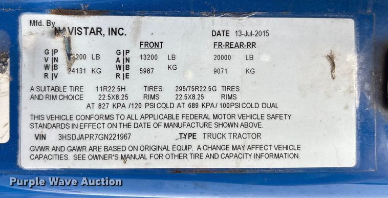 image for item YA0855 2016 International ProStar Plus 122 semi truck