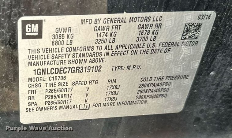 image for item EN8415 2016 Chevrolet Tahoe Police SUV