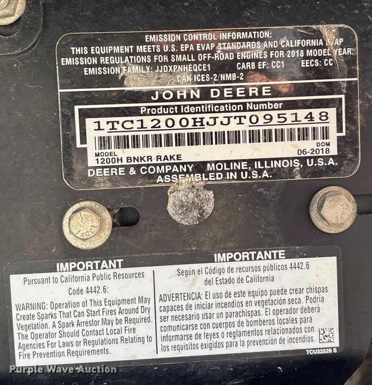 image for item EN8478 2018 John Deere 1200H bunker rake