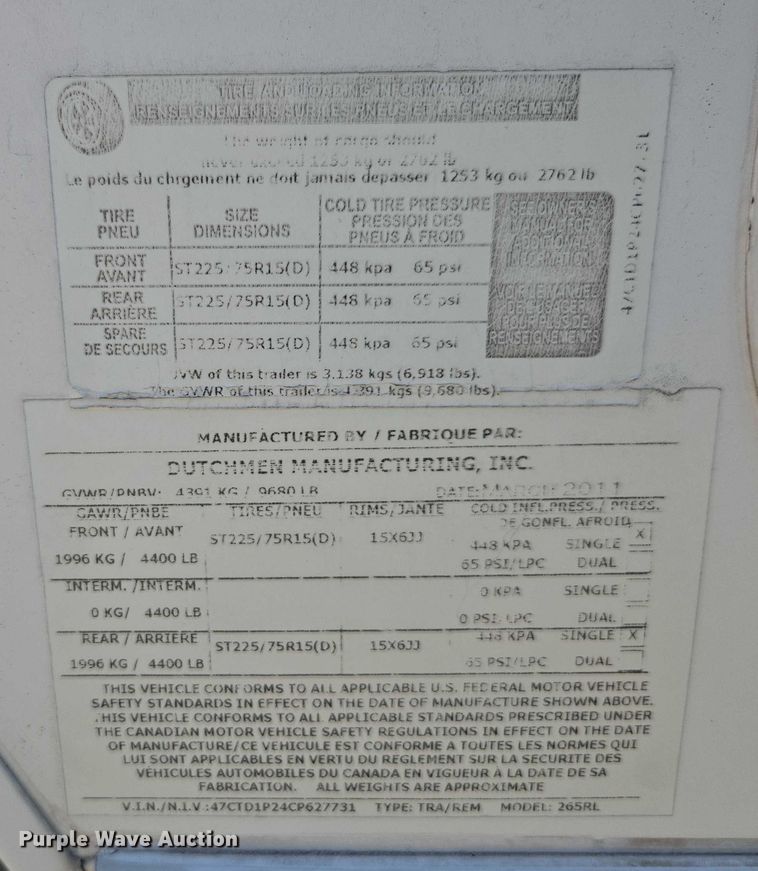 image for item DE2208 2012 Dutchmen 265RL camper