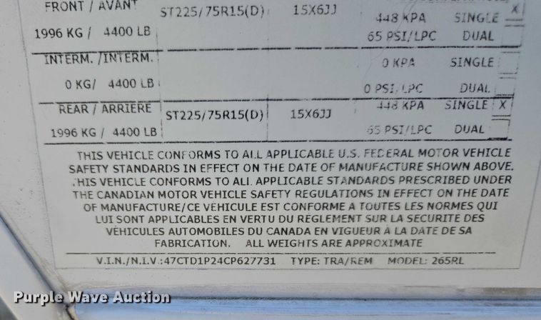 image for item DE2208 2012 Dutchmen 265RL camper