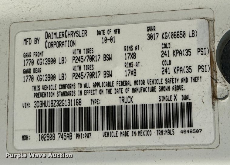 image for item DJ7765 2002 Dodge Ram 1500 Quad Cab pickup truck