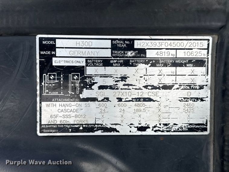 image for item DJ7778 2015 Linde H30D forklift