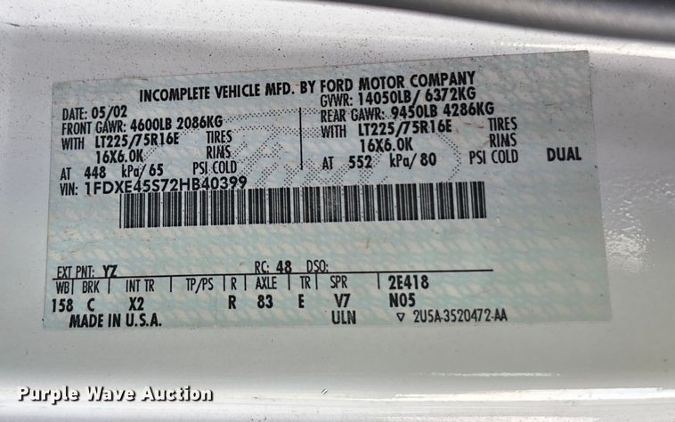 image for item DT3338 2002 Ford Econoline 450 RV