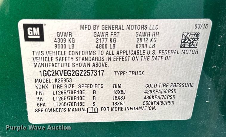 image for item DT6255 2016 Chevrolet Silverado 2500HD Double Cab pickup truck