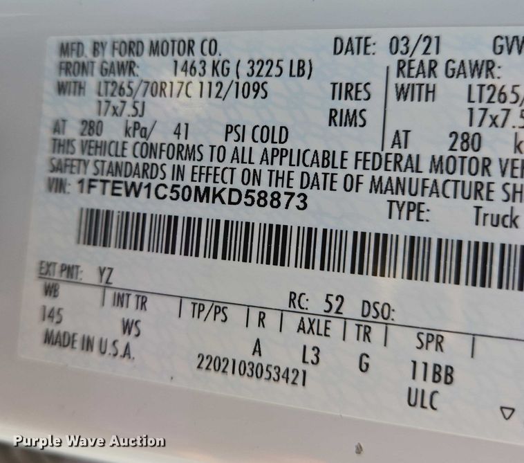 image for item DU6762 2021 Ford F150 SuperCrew pickup truck