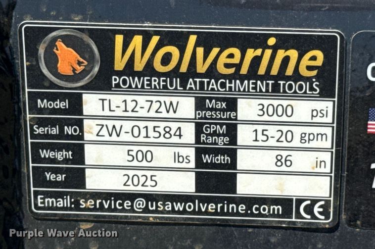 image for item DU9099 2025 Wolverine TL-12-72W skid steer tiller