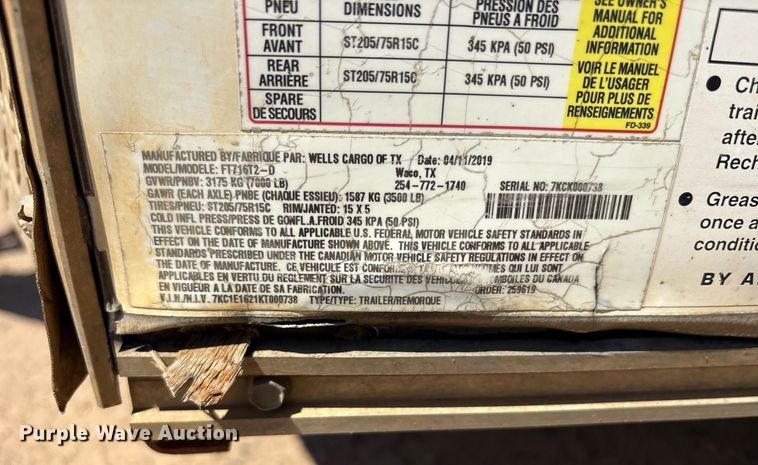 image for item DY0869 2019 Wells Cargo enclosed cargo trailer