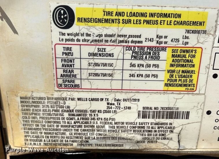 image for item DY0869 2019 Wells Cargo enclosed cargo trailer