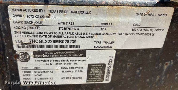 image for item DY2553 2021 Texas Pride EQ820220KGN equipment trailer