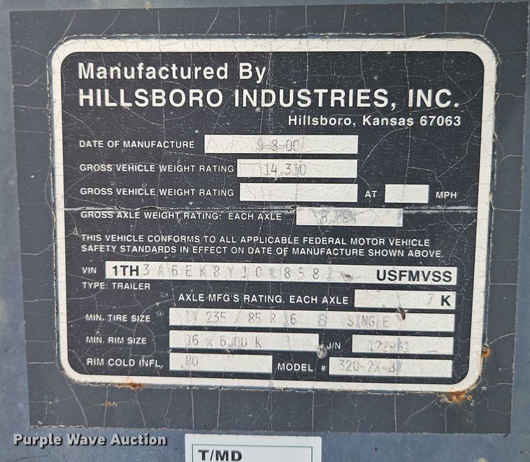 image for item EB8256 2000 Hillsboro Industries 300 equipment trailer