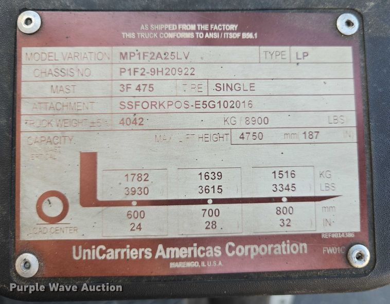 image for item EC1144 2017 UniCarriers PF50 forklift