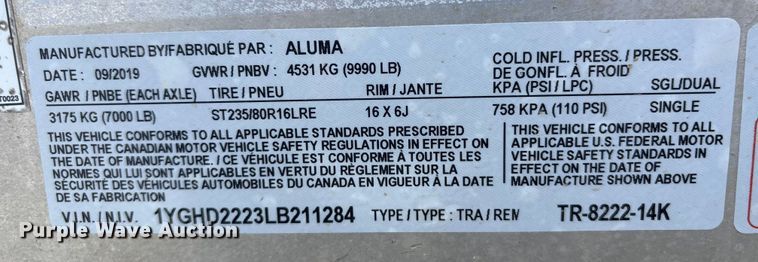 image for item ET8525 2020 Aluma TR-8222-14K equipment trailer