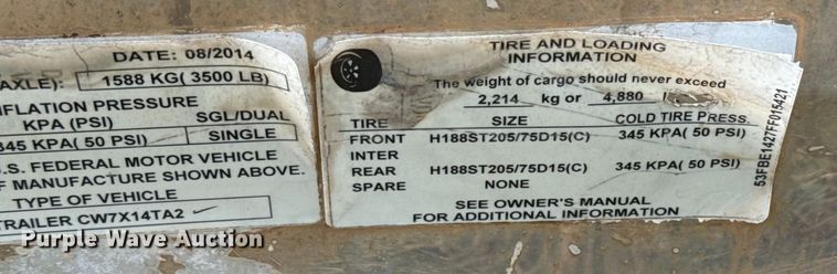 image for item EU2144 2015 Covered Wagon Trailers CW7X14TA2 enclosed cargo trailer