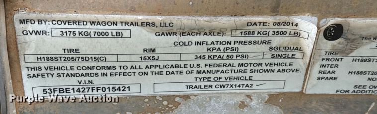 image for item EU2144 2015 Covered Wagon Trailers CW7X14TA2 enclosed cargo trailer