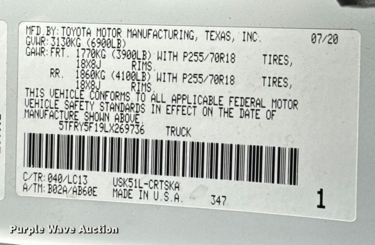 image for item EU2204 2020 Toyota Tundra SR5 Double Cab pickup truck