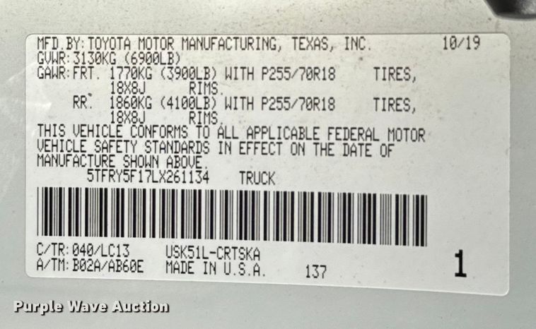 image for item EU2206 2020 Toyota Tundra SR5 Double Cab pickup truck