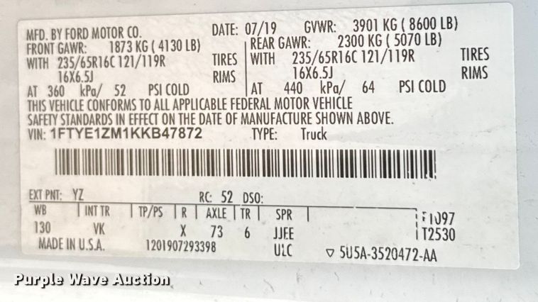 image for item EU2238 2019 Ford Transit 150 van