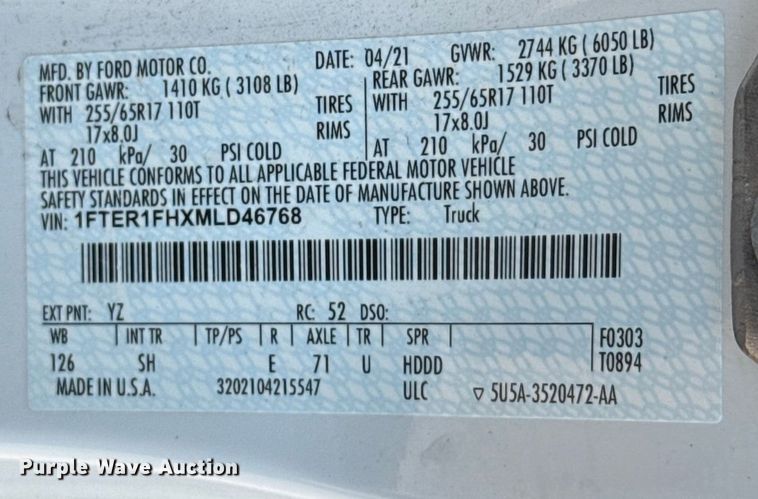 image for item EU2245 2021 Ford Ranger SuperCab utility bed pickup truck