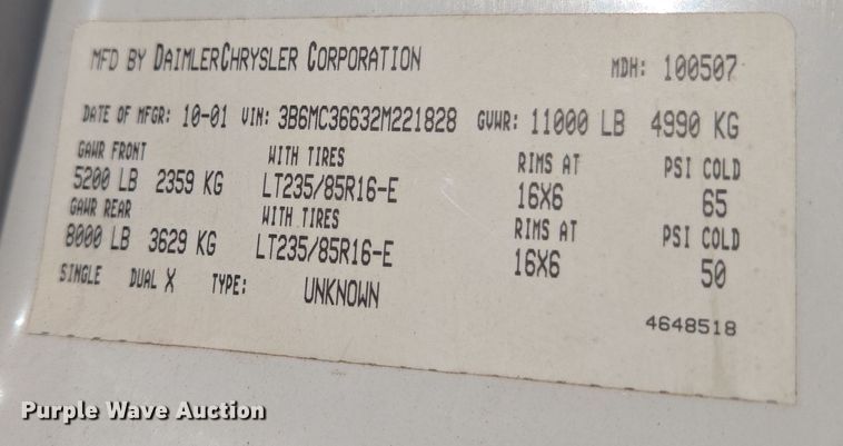 image for item EU3612 2002 Dodge Ram Chassis Cab flatbed pickup truck