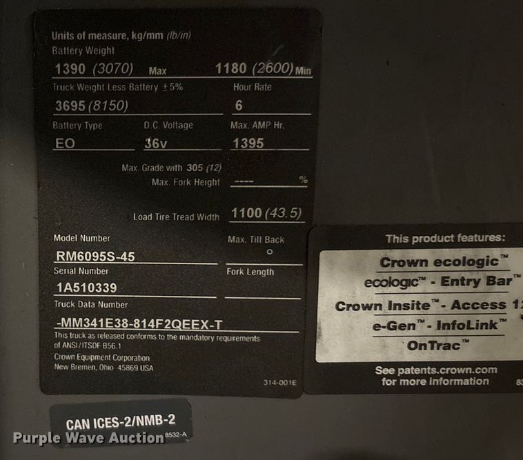 image for item EU4510 2017 Crown RM6095S-45 reach truck