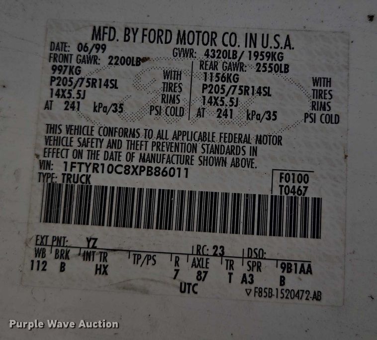 image for item EV1623 1999 Ford Ranger  pickup truck