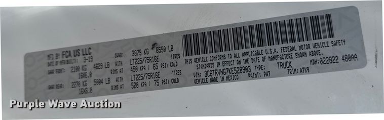 image for item NU9579 2019 Dodge Ram Promaster 1500 van