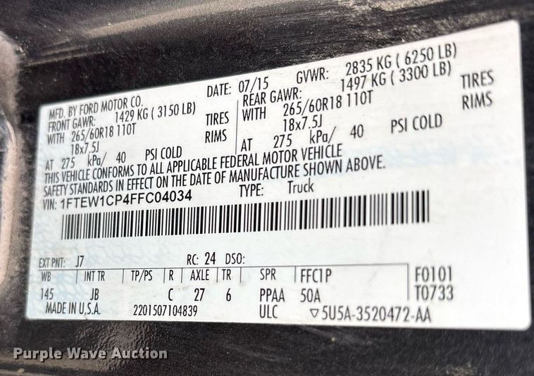 image for item OB9454 2015 Ford F150 SuperCrew pickup truck