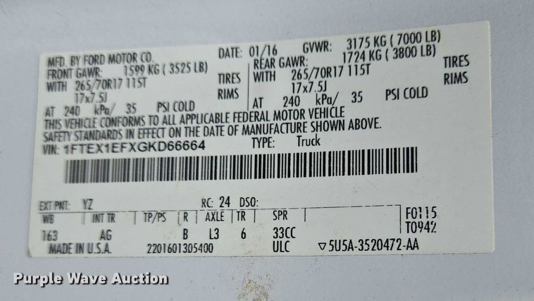 image for item YA0374 2016 Ford F150 XL SuperCab pickup truck