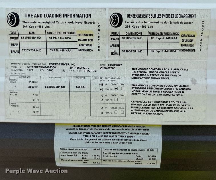 image for item YA0765 2022 Forest River Ozark camper