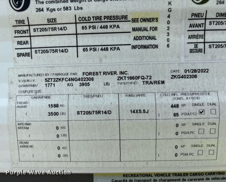 image for item YA0765 2022 Forest River Ozark camper