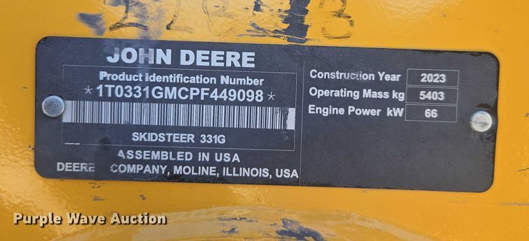 image for item DE2191 2023 John Deere 331G tracked skid steer loader