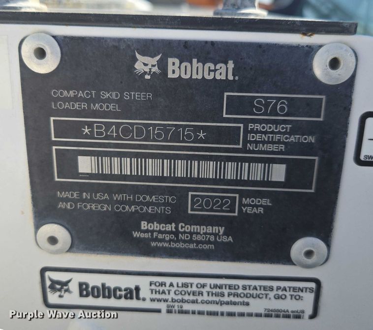 image for item DE2193 2022 Bobcat S76 skid steer loader