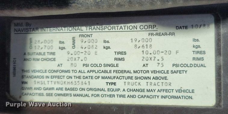 image for item DX7424 1989 International S2100 dump truck