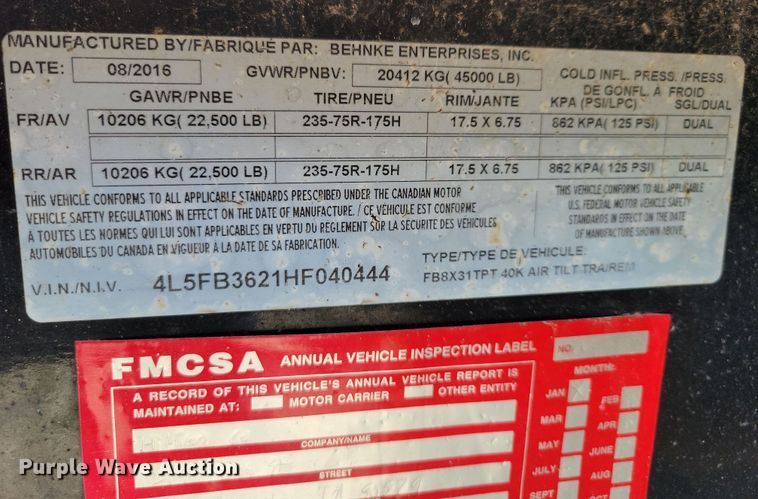 image for item DX7427 2017 B-B Trailers FB8X31TPT equipment trailer