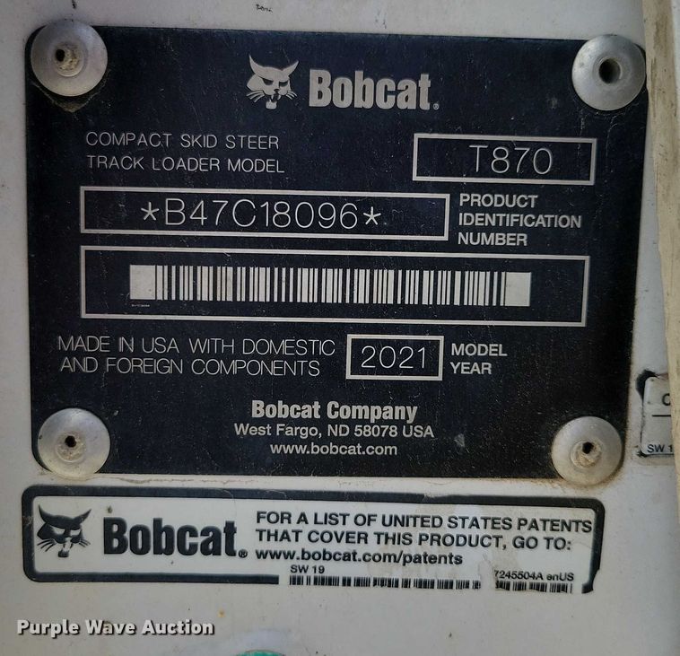 image for item DX7458 2021 Bobcat T870 tracked skid steer loader