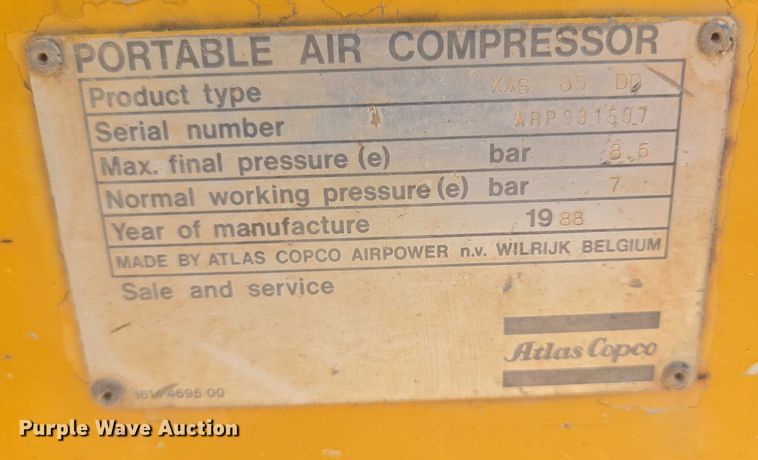 image for item EB0998 1988 Atlas Copco XAS85 air compressor