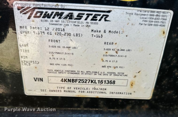 image for item EB2897 2019 Towmaster T16D equipment trailer