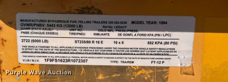 image for item EB2917 1994 Felling FT-12 equipment trailer