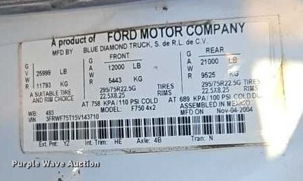 image for item EB8263 2005 Ford F750 Super Duty XL utility / service truck