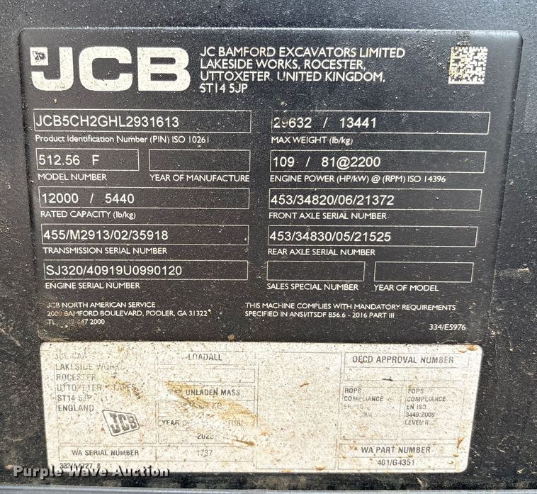 image for item EC4372 2020 JCB 512.56 telehandler