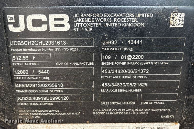image for item EC4372 2020 JCB 512.56 telehandler