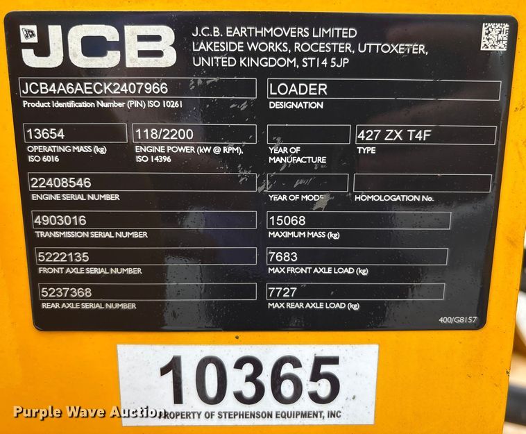 image for item EC4373 2019 JCB 427ZXT4F wheel loader