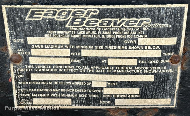 image for item ED5760 2004 Eager Beaver 350SL/GS lowboy equipment trailer