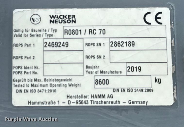 image for item ED5881 2019 Wacker Neuson RC70 single drum vibratory roller