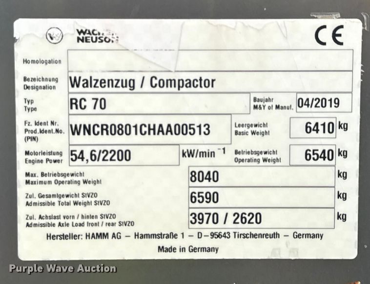 image for item ED5881 2019 Wacker Neuson RC70 single drum vibratory roller