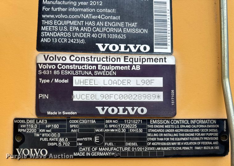 image for item EF2121 2012 Volvo L90F wheel loader