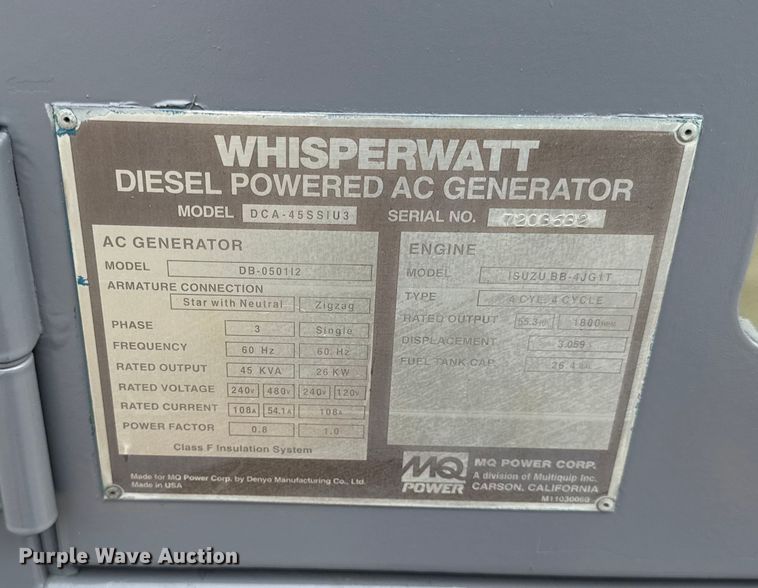 image for item EF2135 Whisperwatt DCA-45SSIU3 generator